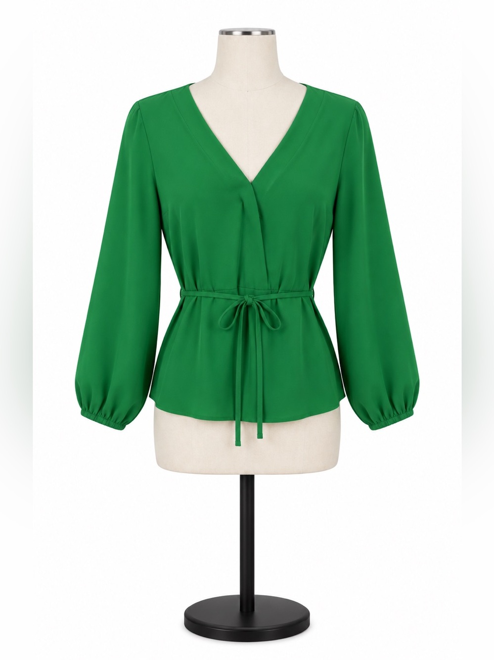 J.Crew Green Wrap Blouse Size 14 Long Sleeve V-Neck Tie Waist